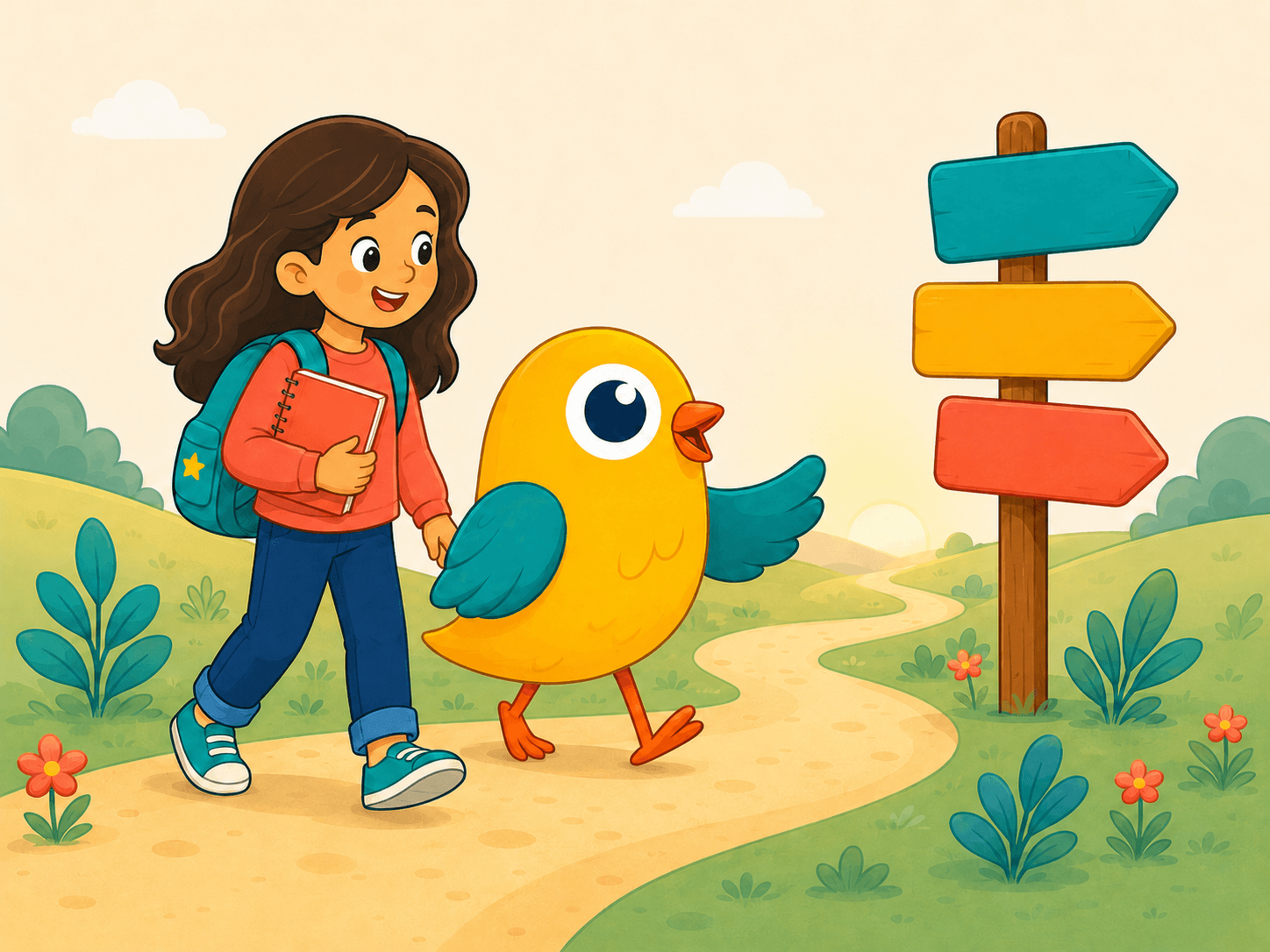 A child and Koko walking together along an Arabic learning path