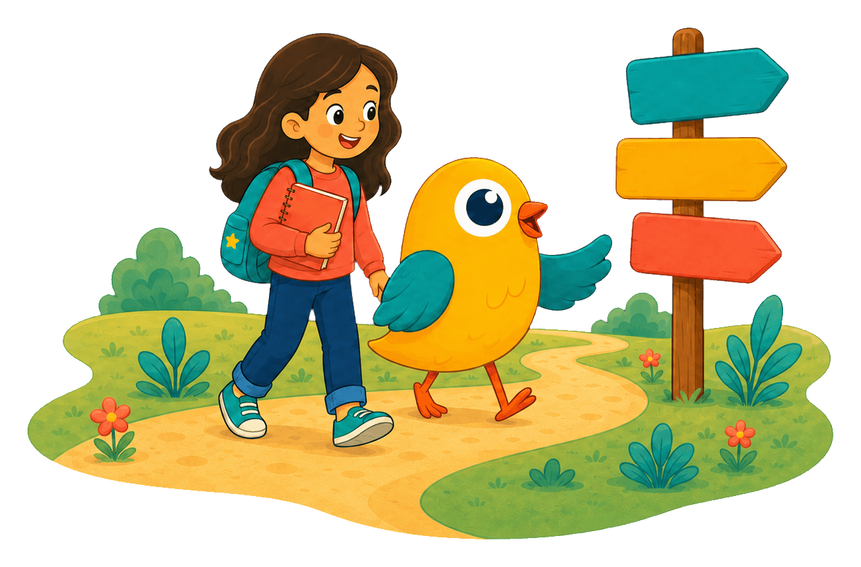 A child and Koko walking together along an Arabic learning path