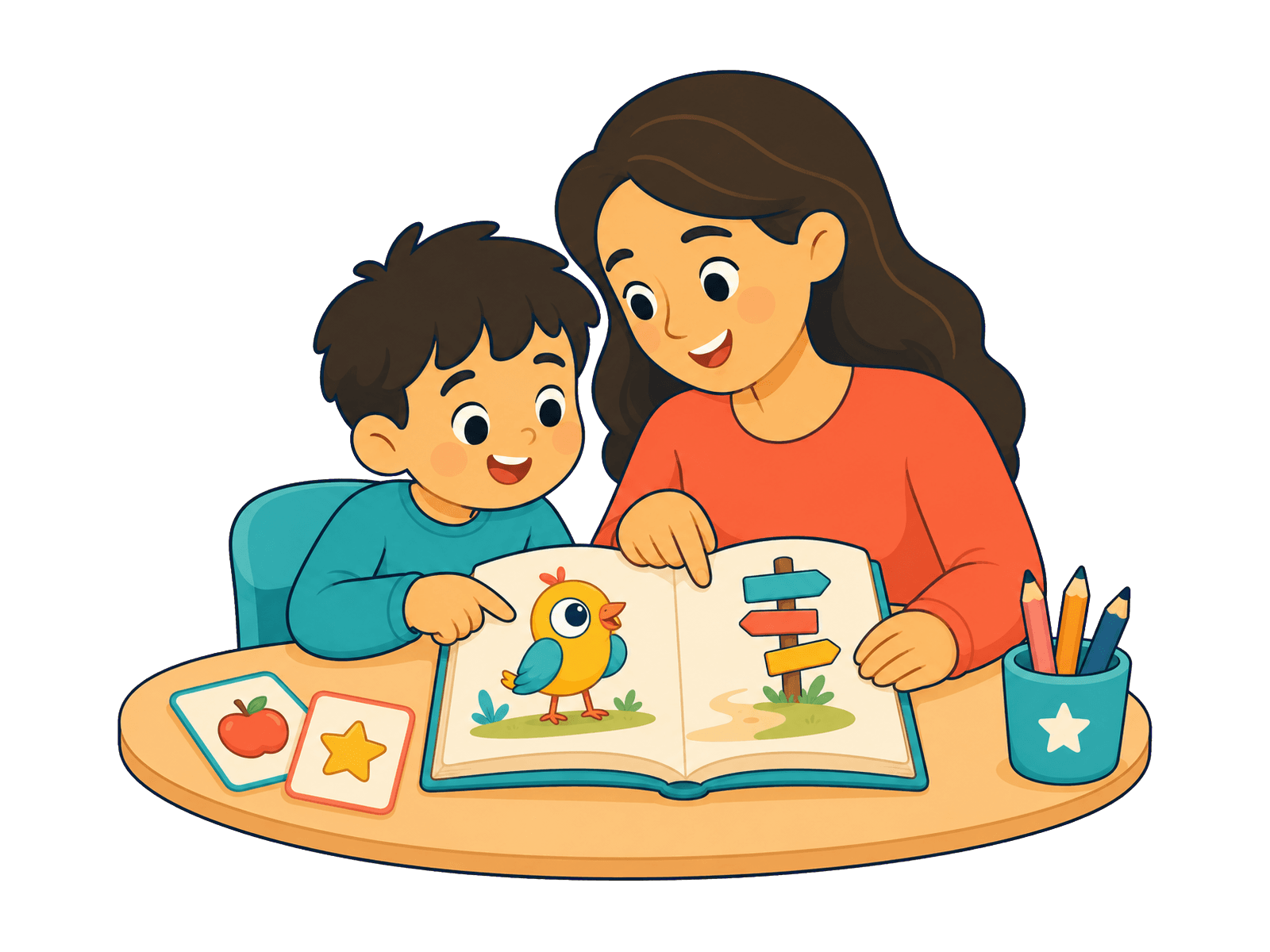 A parent and child reading an Arabic book together
