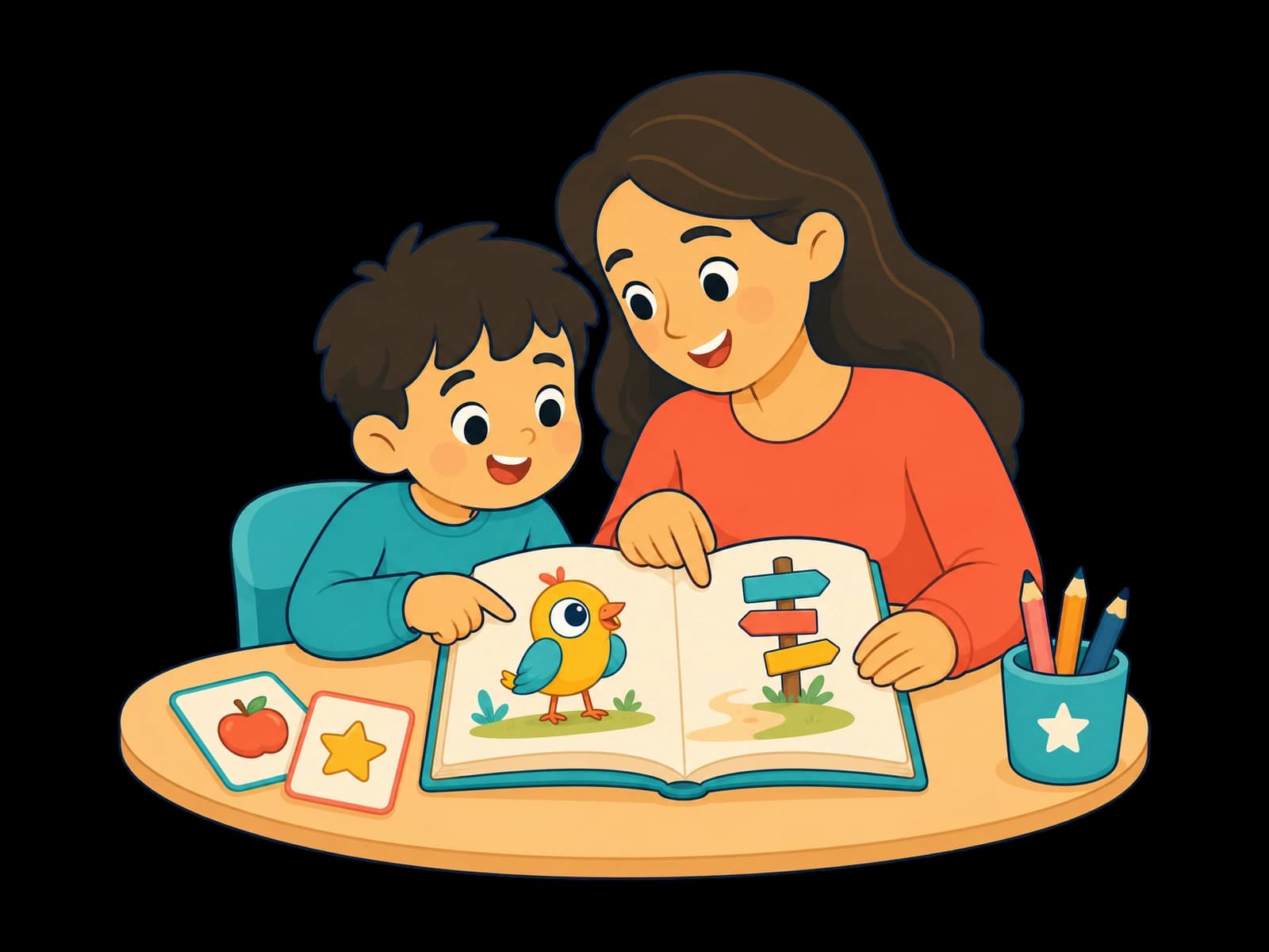 A parent and child reading an Arabic book together